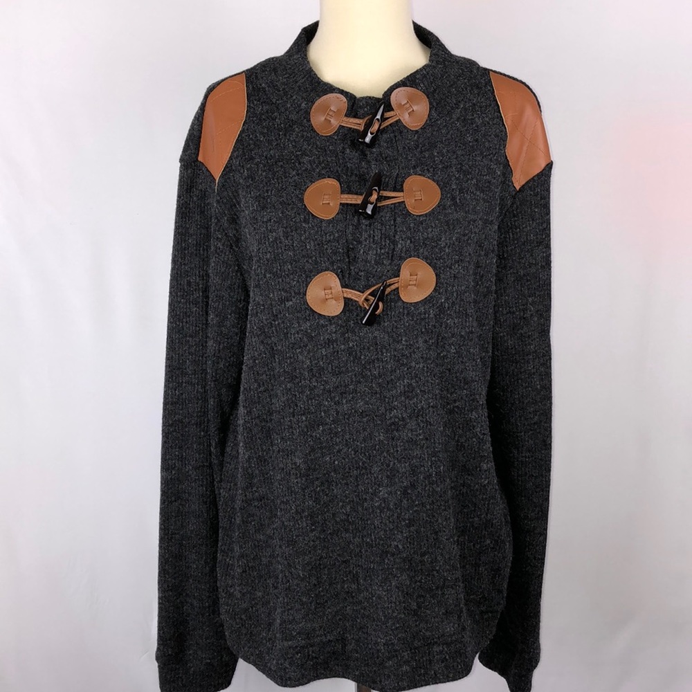 Yang Xin Yuan Gray Wool Blend Sweater w/Toggle Closures & Leather Accents -Large